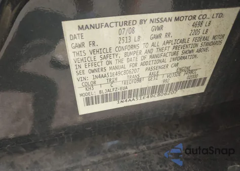 2009 Nissan Maxima 3.5 Sv z USA, uszkodzony, nr VIN 1N4AA51E49C806207